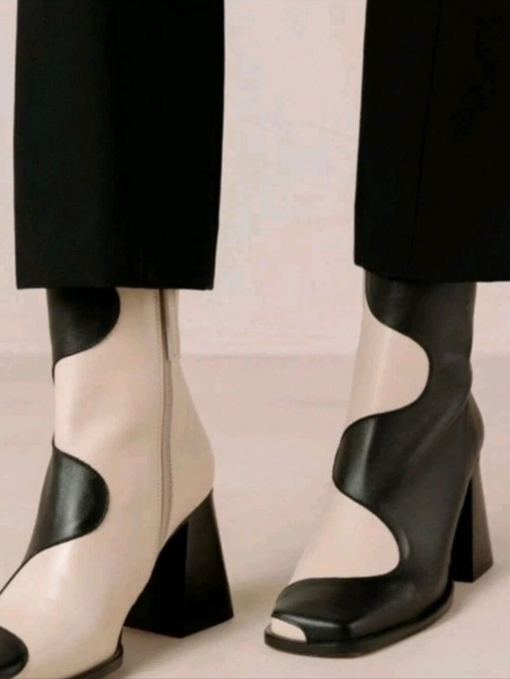 ALOHAS Black and Cream Sculptural Curved Block Heel Boots
